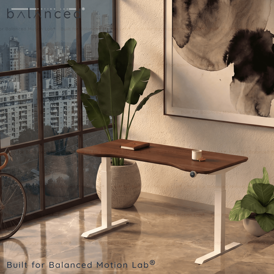 Balanced Desk Pro 250 white frame with Solid Teak Wood in dark polish