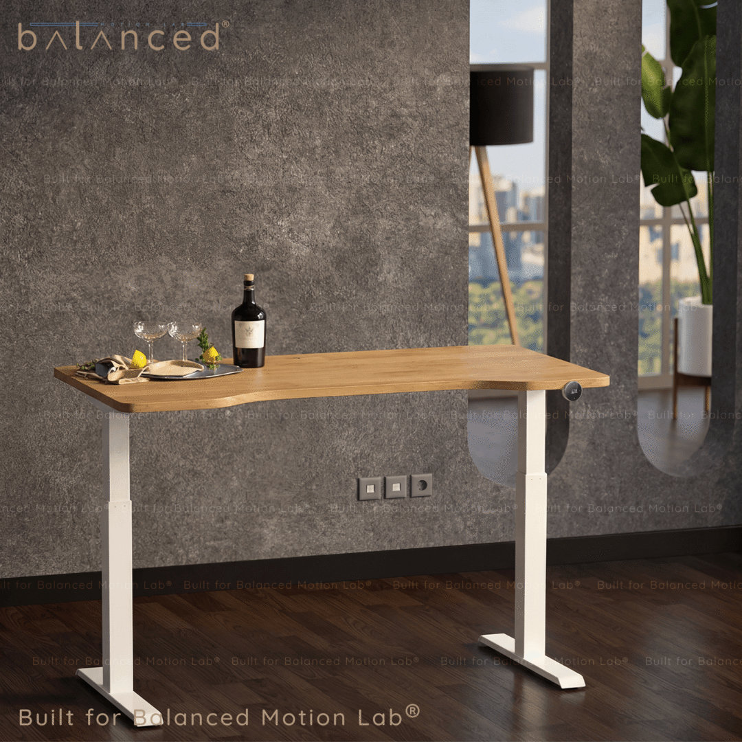 Balanced Desk Pro 250 white frame with Solid Rubberwood tabletop in natural polish