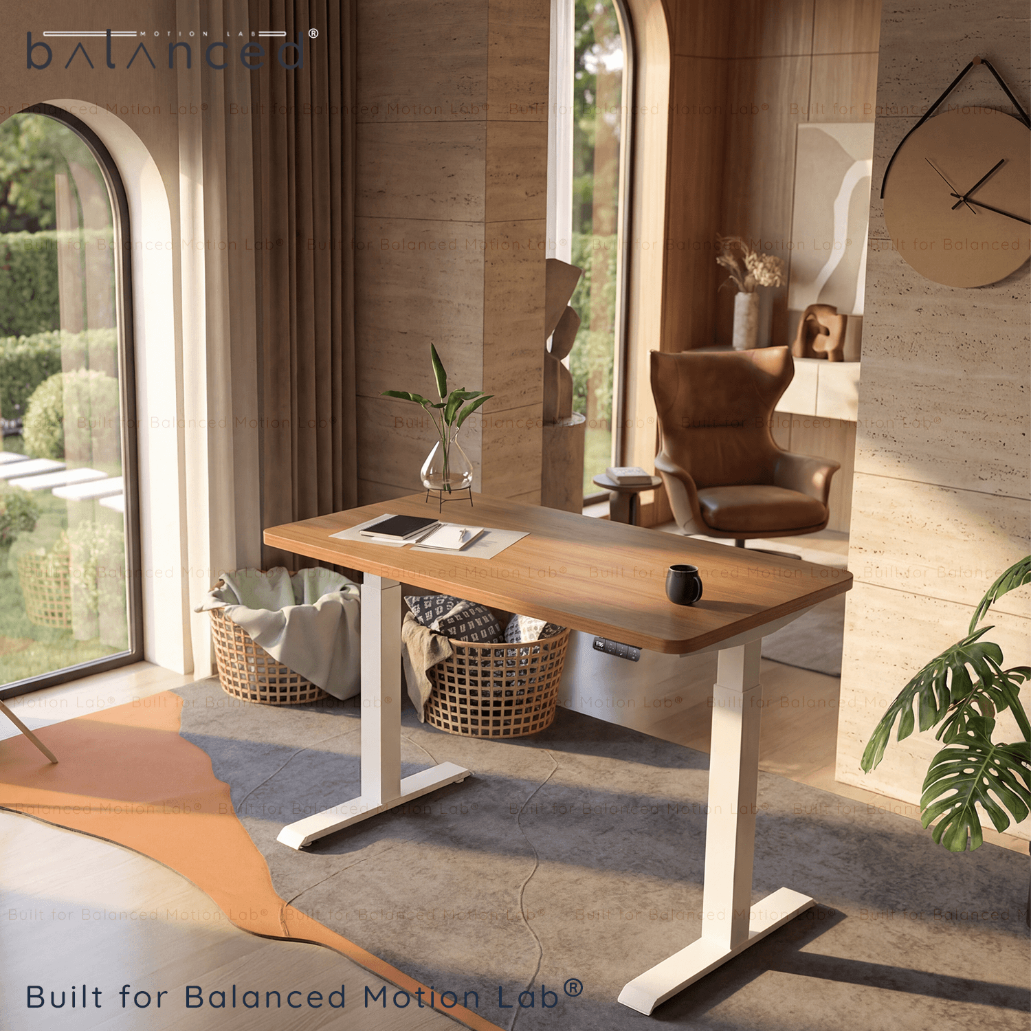 Balanced Desk Pro 250 EasyCare Tabletop Balanced Desk Pro 250 white frame with EasyCare Tabletop in Teak Laminate